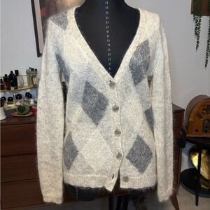 J. Crew Cream and Gray Argyle Mohair Collegiate Business Casual Cardigan